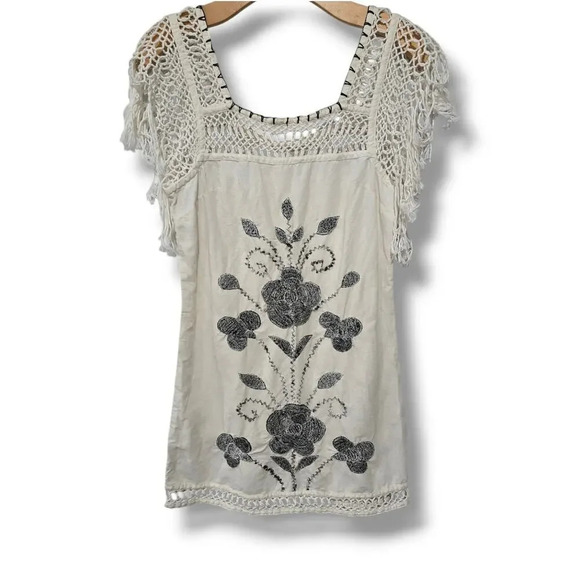 Free People Women's off white Embroidery floral boho fringr shift dress - size 2 - Picture 1 of 8